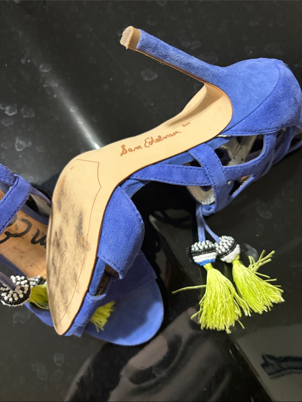 Sam Edelman Blue Suede Lace-Up Heels with Yellow Tassels - Picture 4 of 4